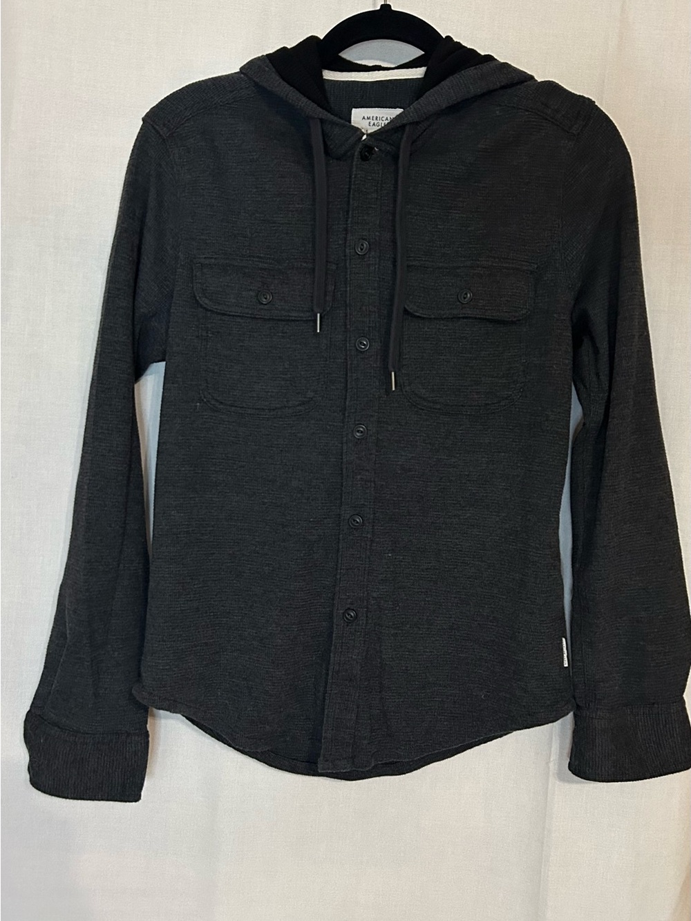 American Eagle Outfitters Men’s Dark Charcoal Hooded Button-Up Shirt Jacket